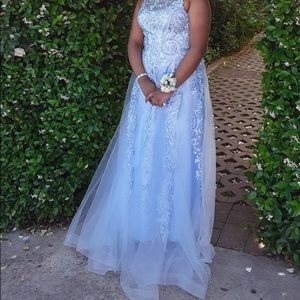 LIGHT BLUE JOVANI SHEER TULLE LACE HIGH NECK BALLGOWN PROM DRESS FORMAL GOWN